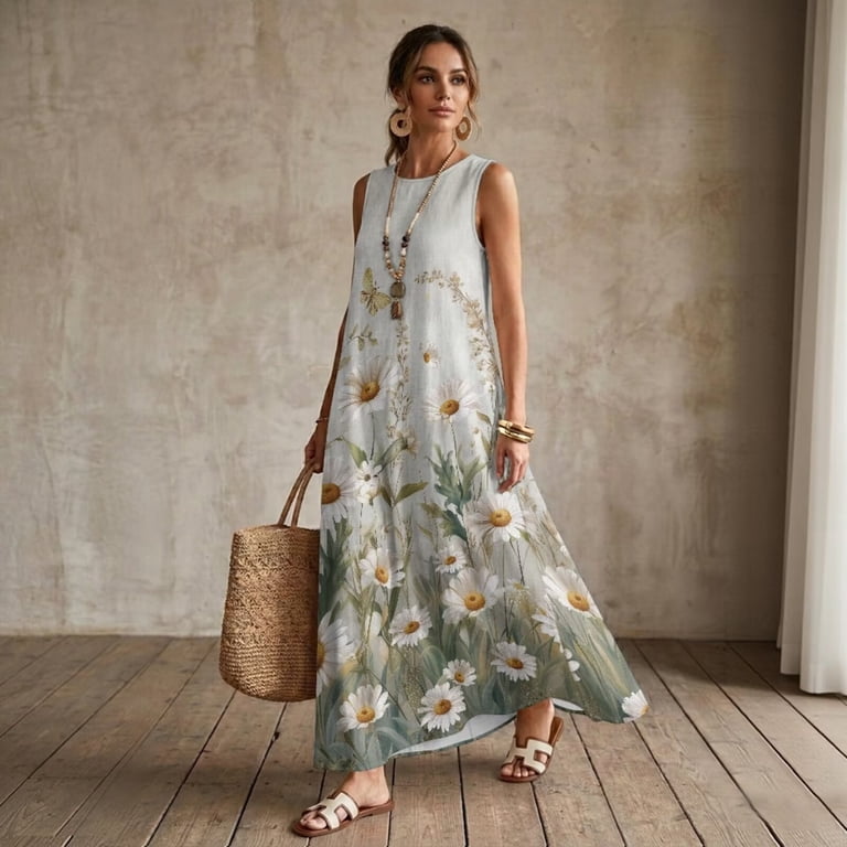 FKELYI Retro Daisy Flower Print Women's Summer Tank Dress Crew Neck Maxi Dress with Pockets Breathable Beach Long Dresses Linen-Like Sundress Ladies Casual Dresses, L