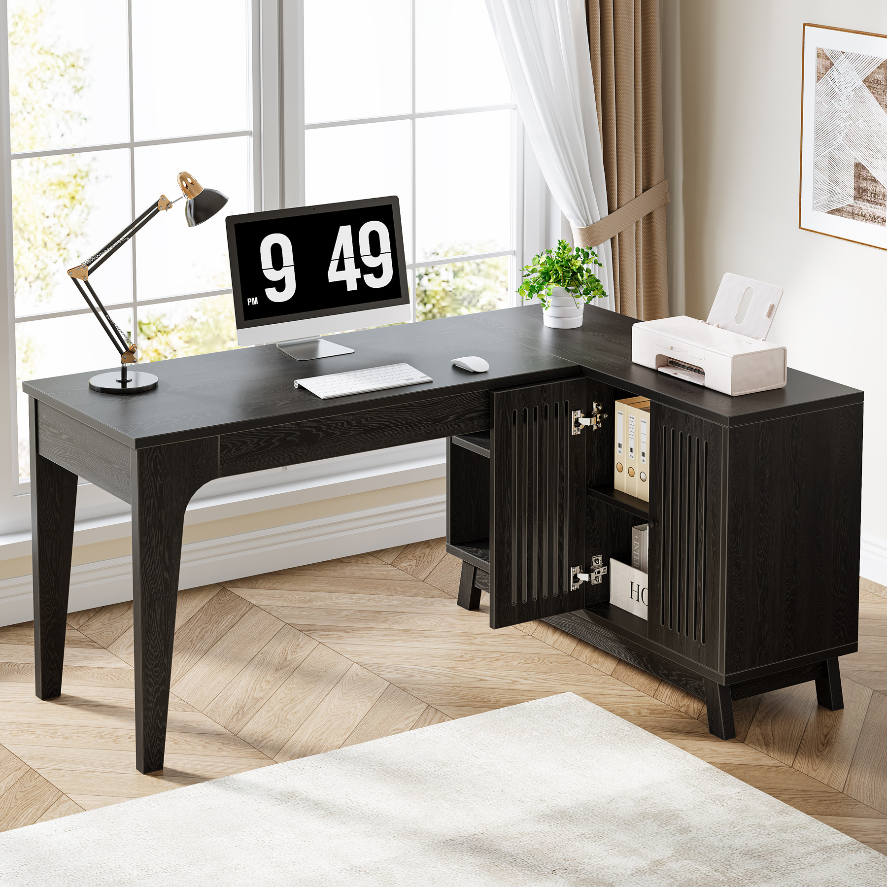 Tribesigns 57-Inch Wood L-Shaped Corner Computer Desk, Study Writing Table with Storage Shelves, Workstation with Cabinet for Home Office, Black