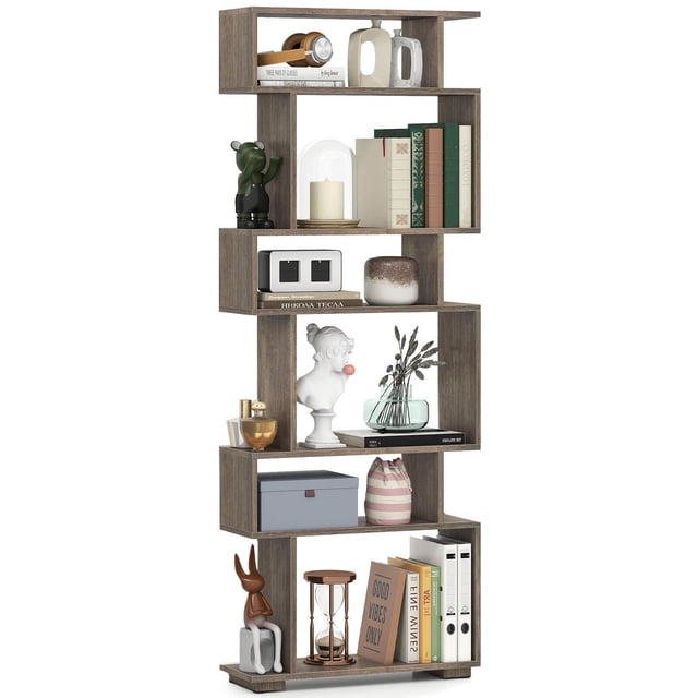 Costway 6-tier Storage Bookshelf with Anti-toppling Kits, Decorative Room Divider for Study Walnut