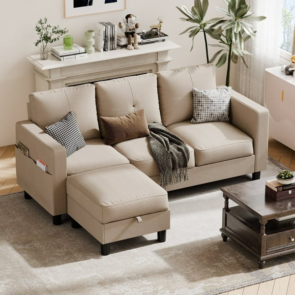 Walsunny 78" Convertible Sectional Sofa Couch L Shaped Couch Sofa for Living Room Small 3 Seater Sofa Couch with Storage Ottoman and Side Pockets(Dark Beige)