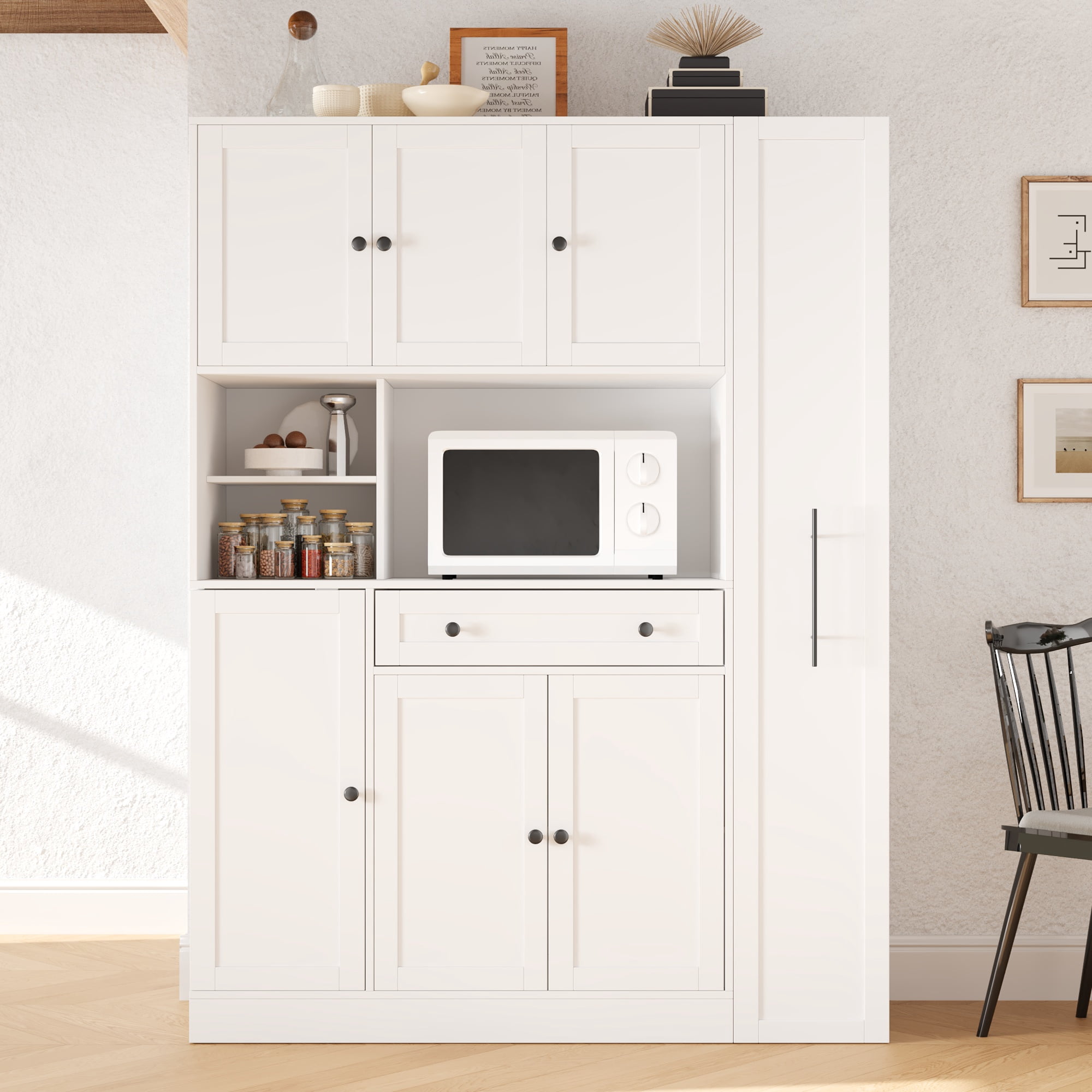Harper & Bright Designs Farmhouse Kitchen Pantry Cabinet with Microwave Shelf, Tall Kitchen Storage Cabinet with Door and Drawer, Large Freestanding Hutch with Pull-Out Side Cabinet, 70", White