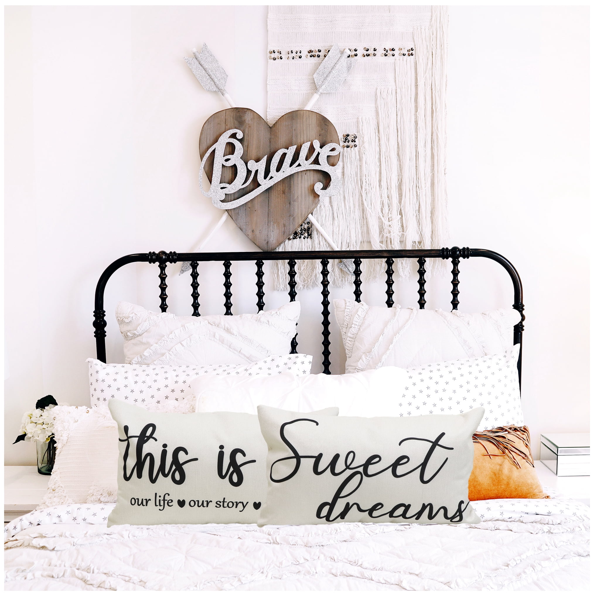 NYDECOR Set of 4 Farmhouse Pillow Covers 12x20 Quote Our Happy Place Lumbar Throw Pillow Cover This is Us Home Sweet Home Pillow Case Sweet Dreams Cushion Covers for Couch Sofa Bed Porch Chair