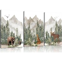 Woodland Nursery Wall Hieng Wild Animals Posters Pictures Foggy Forest Canvas Prints Adventure Theme Kids Wall Decor Watercolor Paintings for Children Boys Room Girls Room Framed