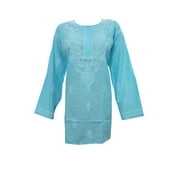 Mogul Woman's Indian Tunic Hand Embroidered Blue Kurti Blouse Dress XXXL