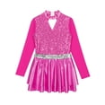 thumbnail image 3 of Yeahdor Girls Figure Ice Skating Dress Jazz Modern Dancewear Halter V Neck Long Sleeve Shiny Sequins Ballet Leotard Dress Hot Pink 12, 3 of 5