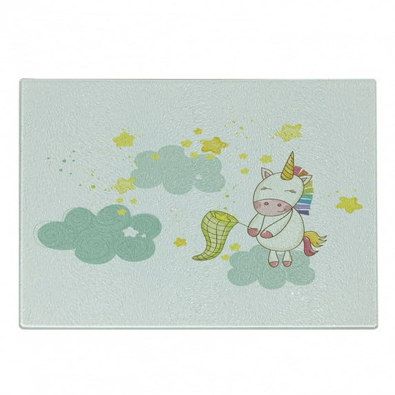 Unicorn Cutting Board, Mystic Unicorn Girl Sitting on Fluffy Clouds and Hunting Image Print, Decorative Tempered Glass Cutting and Serving Board, Small Size, Yellow Green, by Ambesonne