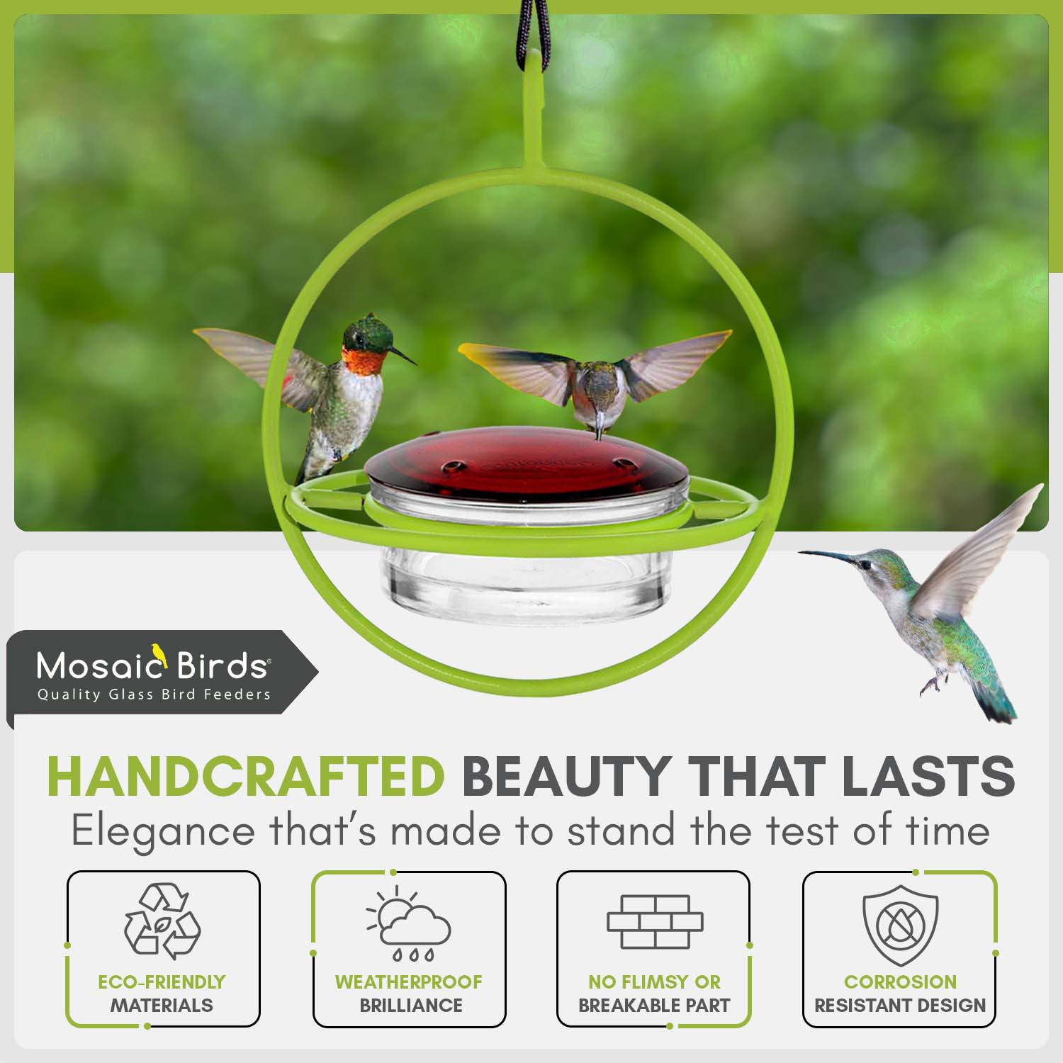 Mosaic Birds Recycled Glass and Metal Hummingbird Feeder for Outdoors - Hanging Bird Decor for Gardens - Lime Green