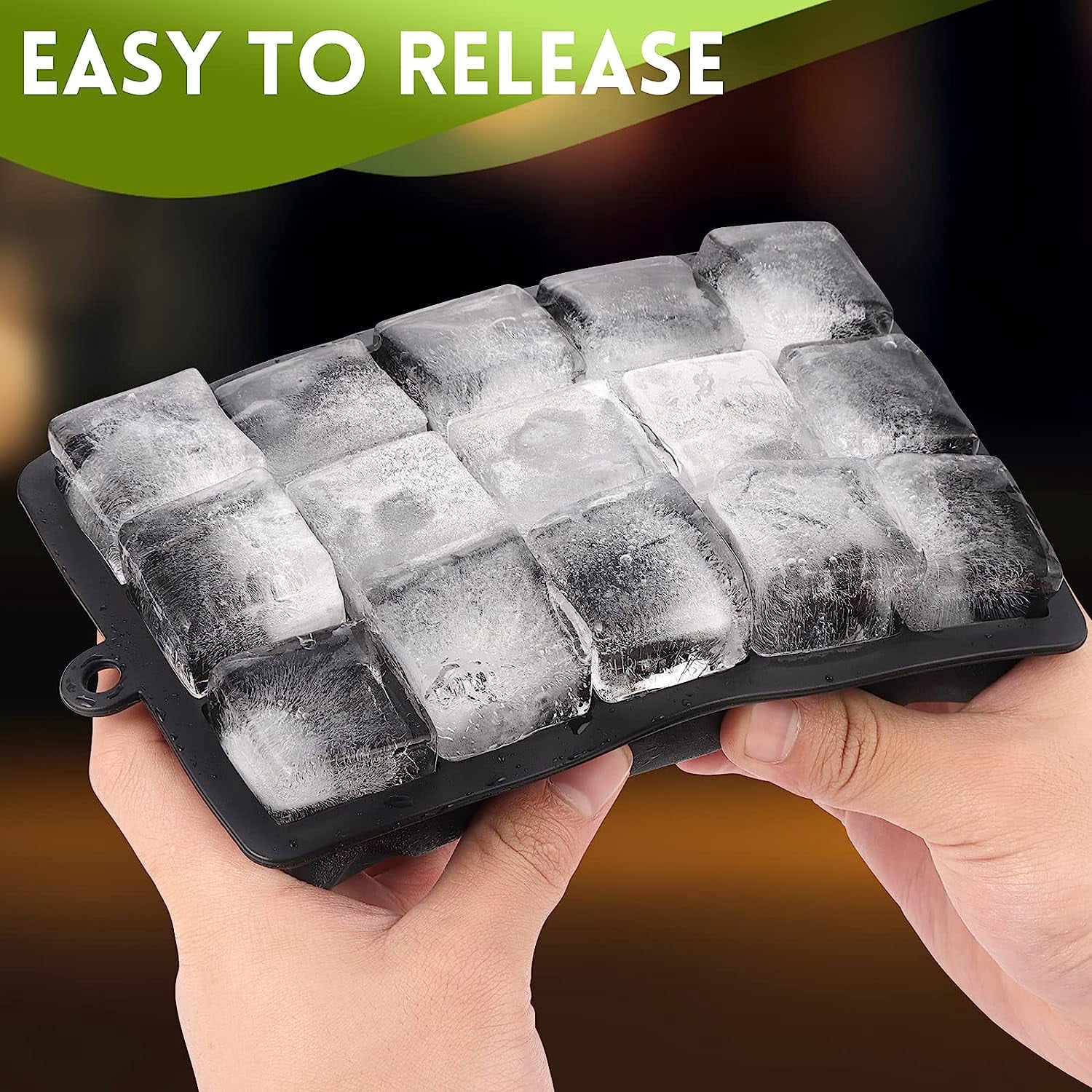 Large Ice Cube Trays with Lid,3 Pack Silicone Ice Cube Molds,15 Big Square Ice Cube Trays for Freezer Containers,Stackable Ice Maker for Cocktails,Whiskey,Easy Release & BPA Free(Black)