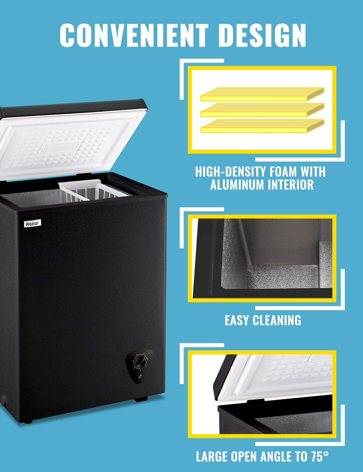 WANAI 3.5 Cu.ft Chest Freezer Small Deep Freeze with 7 Gears Temp Control Office Dorm Kitchen Black