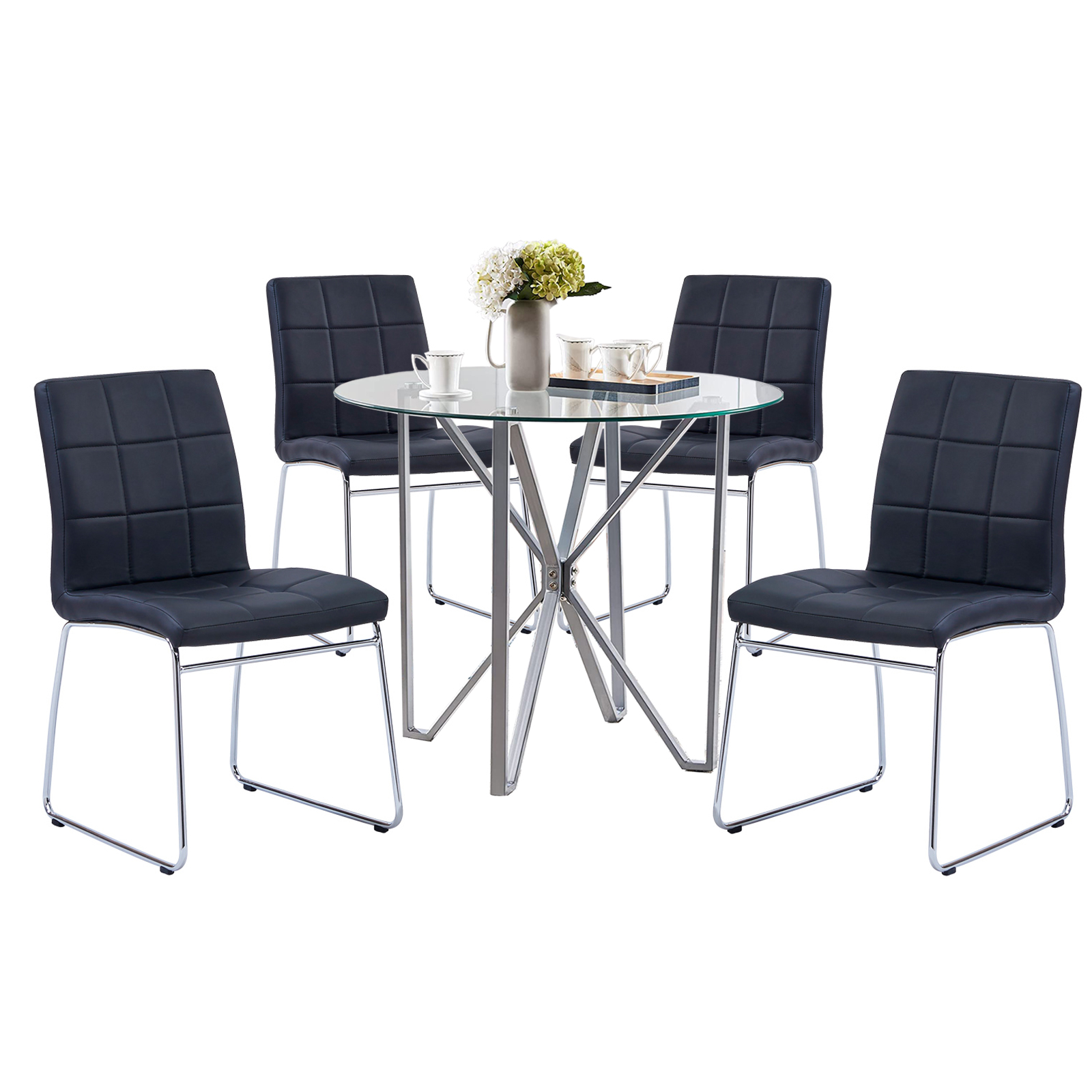 Nopurs 5 Piece Dining Room Table Set, Round Glass Top Dining Table and 4 Faux Leather Black