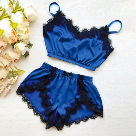 

Womens Underwear Women V-Neck Lace Splicing Eyelash Camisole Pajamas Bowknot Shorts Set Underwear For Women Blue 2Xl