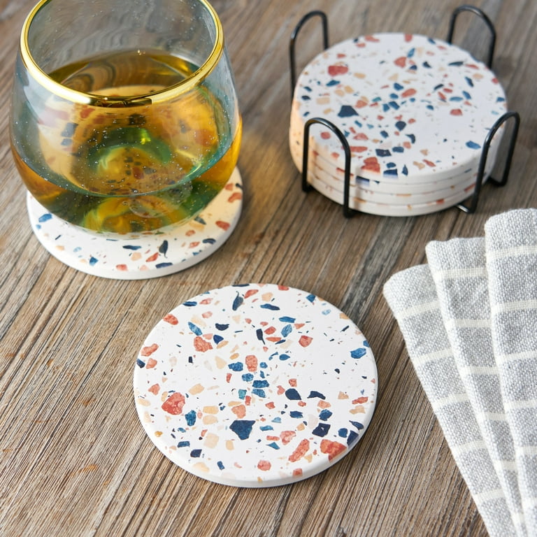 Twine Terrazzo Coasters, Stoneware Coaster Set, White Coasters with Stand,  Coffee Table Decor, Set of 6, Multicolor