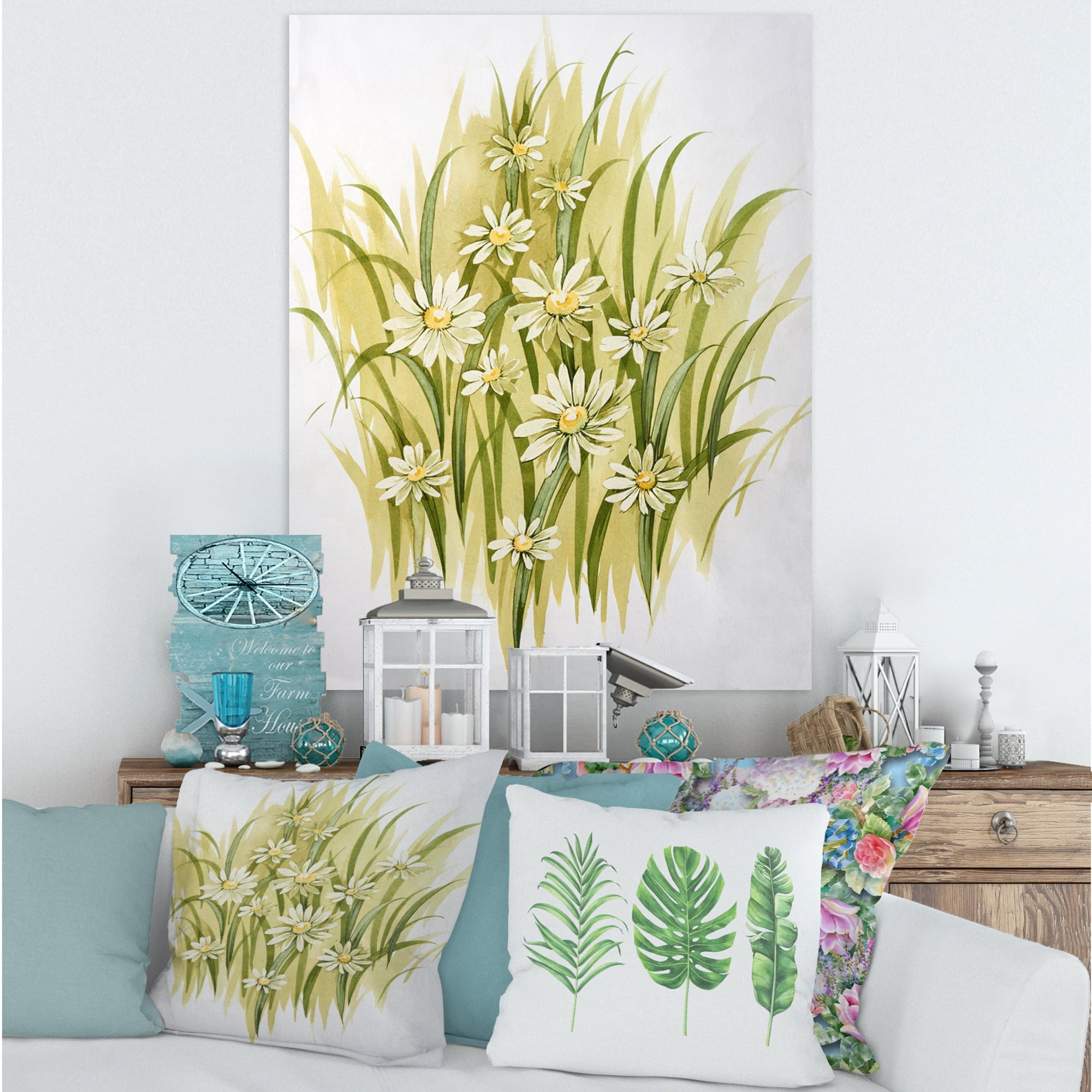 Designart ' Abstract White Meadow Flowers ' Traditional Canvas Wall Art Print