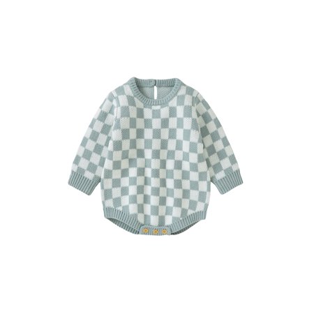 

Gureui Toddler Girls Boys Romper Checkerboard Plaid Round Neck Long Sleeve Knitted Sweater Fall Winter Jumpsuits