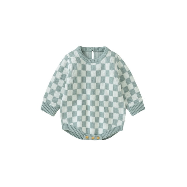 Faithtur Bébé Filles Garçons Romper Damier Plaid Col Rond Manches Longues Tricot Pull Combinaisons Automne Hiver Bodysuits