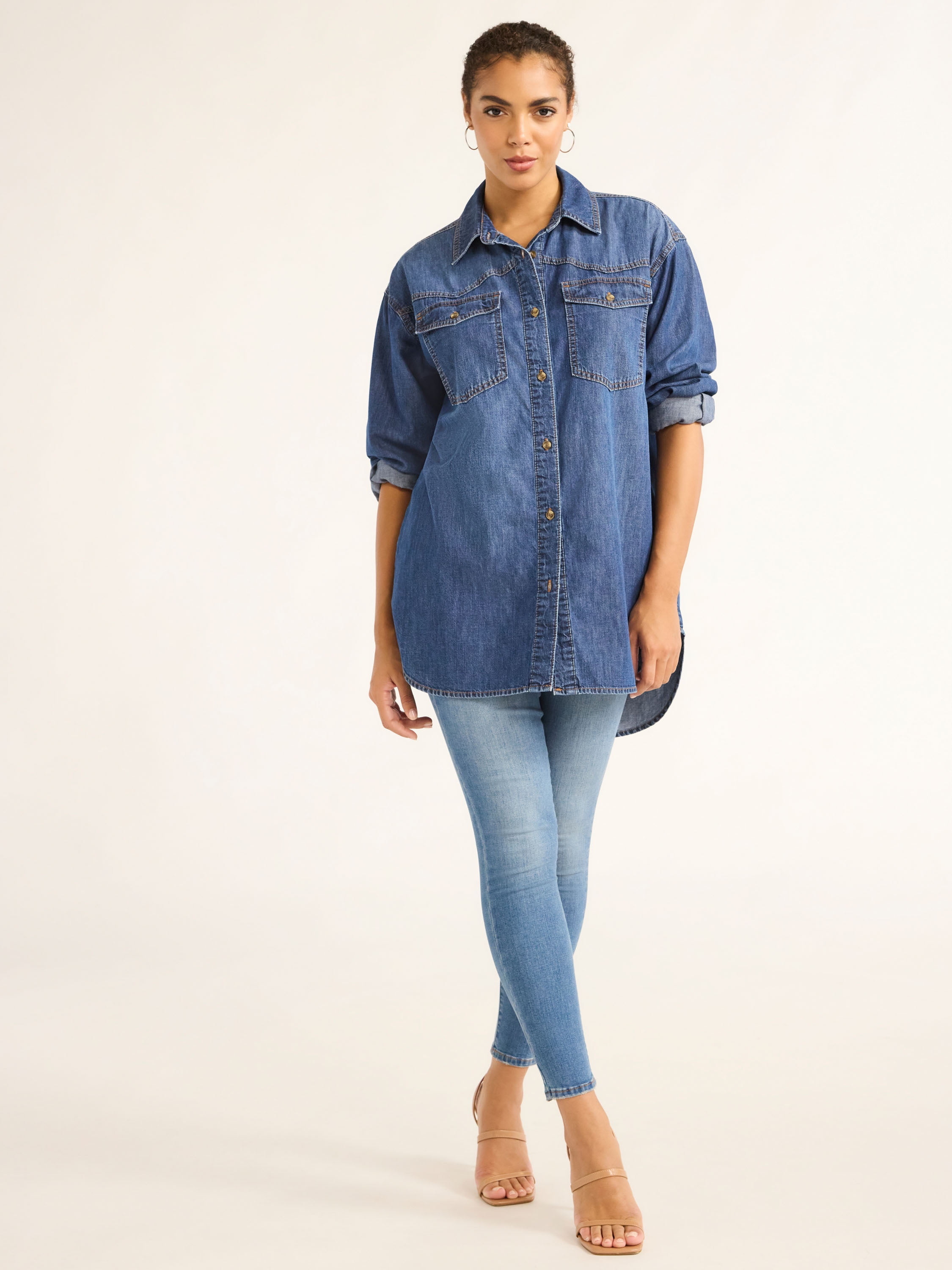 Sofia by Sofia Vergara Women's and Women's Plus Sofia Oversized Boyfriend Shirt with Long Sleeves, Sizes XS-4X