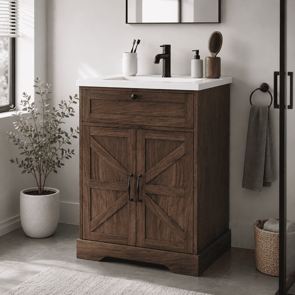 24" Bathroom Vanity with Ceramic Sink, Freestanding Bathroom Storage Cabinet with Barn Door and Flip-Down Drawer, Walnut