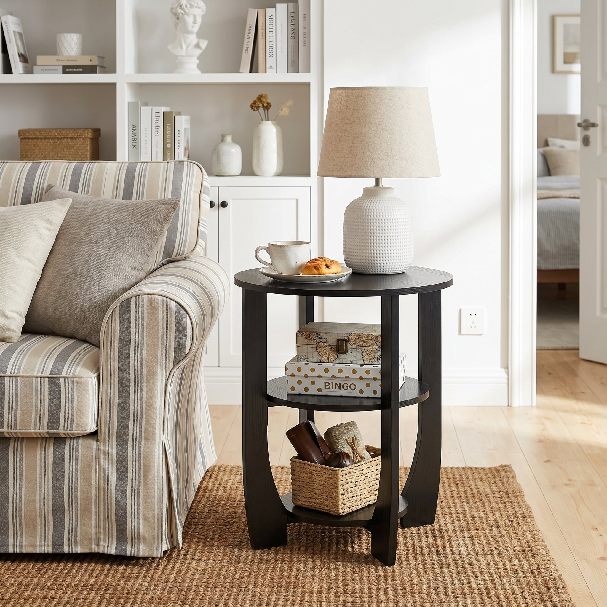 ZEXVIDA Round End Table with Storage Shelf,3 Tier Modern Side Table, Sofa Recliner Side Table,Accent Coffee Table,Nightstand for Living Room Bedroom for Small Spaces,19.7" D x 21.7" H (Black)