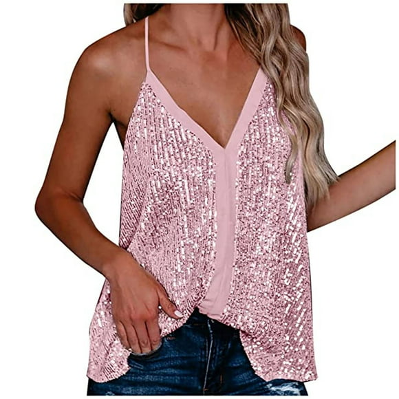 fartey Womens Sequin Tank Tops V Neck Adjustable Spaghetti Strap Shirt Tunic Solid Color Sleeveless Racerback Party Club Tee