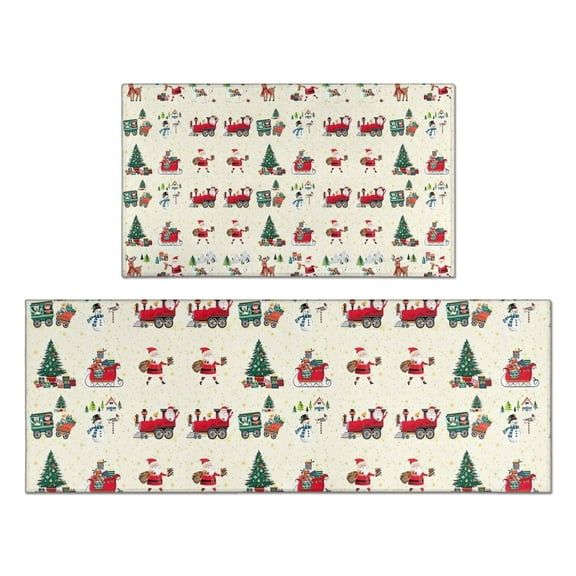 Beige Christmas Santa and Train Pattern Kitchen Rugs Sets Of 2,Anti Fatigue Kitchen Mat Rugs Non Slip Washable,Decorative Kitchen Floor Mats for Kitchen,Sink,Laundry,17"x30" 17"x47"