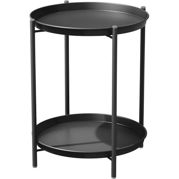 Brezey Outdoor Side Table, 2-Tier Metal Round End Table, Black