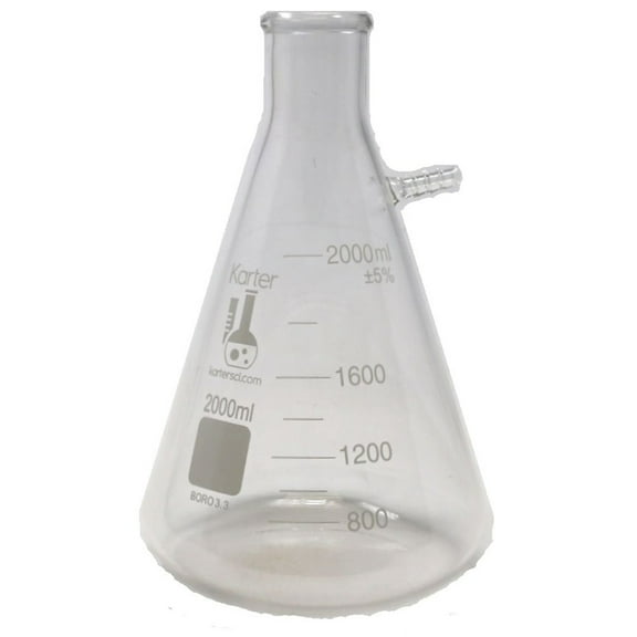 2000ml Heavy Wall Filtering Flask, Tubulation, Graduated, Borosilicate 3.3 Glass, Karter Scientific 250P4 (Single)