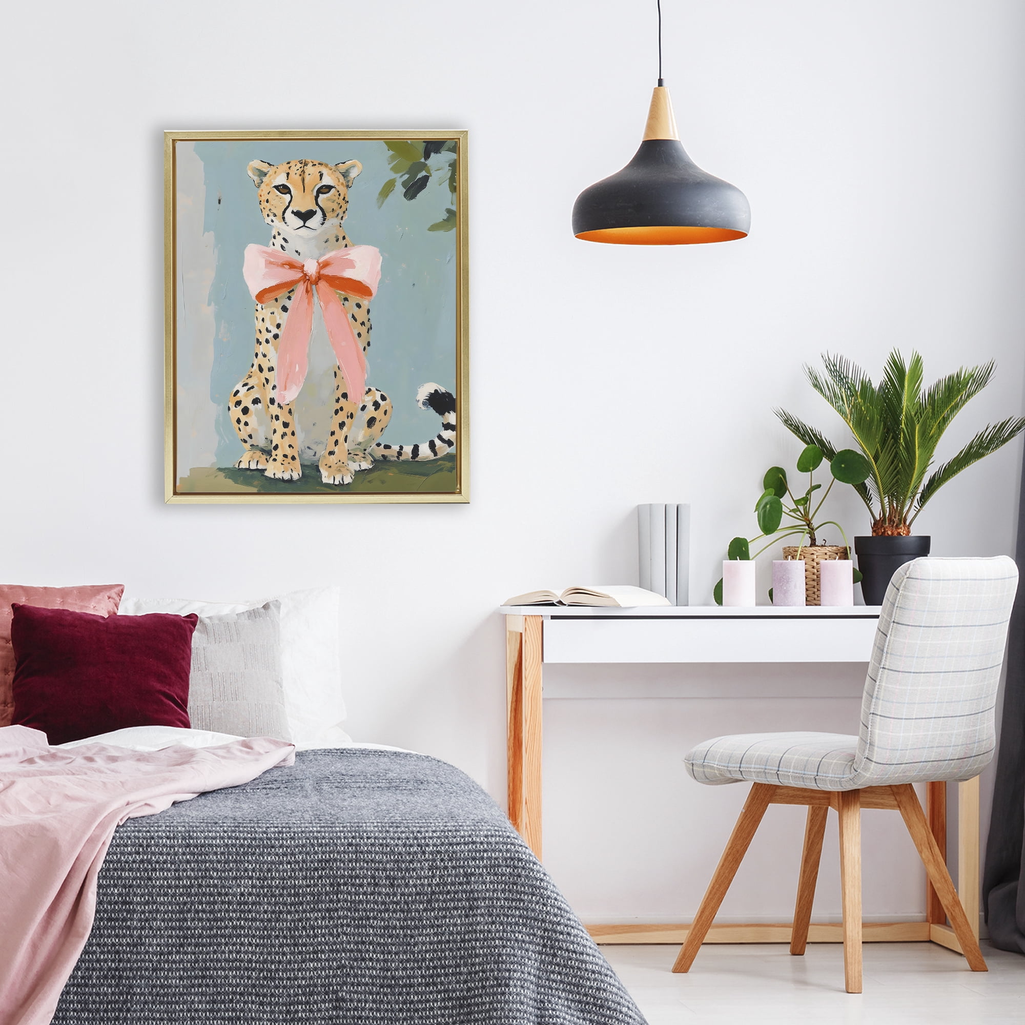 Stupell Industries Cheetah with Big Pink Bow Gold Framed Floater Canvas Wall Art, design by The Prints Vibe