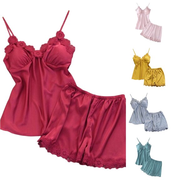 WAYUTE Womens Pajama Sets Satin Strappy Lace Trim Cami Tops and Shorts Pajamas for Women Solid Color Pjs Set Loungewear Casual,M