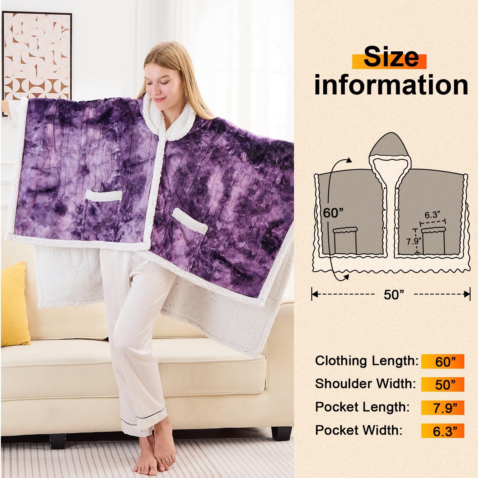 PMONPA Wearable Heated Throw Blanket for Adult, Electric Heated Wrap Poncho Shawl with Pockets, 6 Heating Levels & 2 to 10 Hours Time Settings, 51" x 61", Dyed Purple