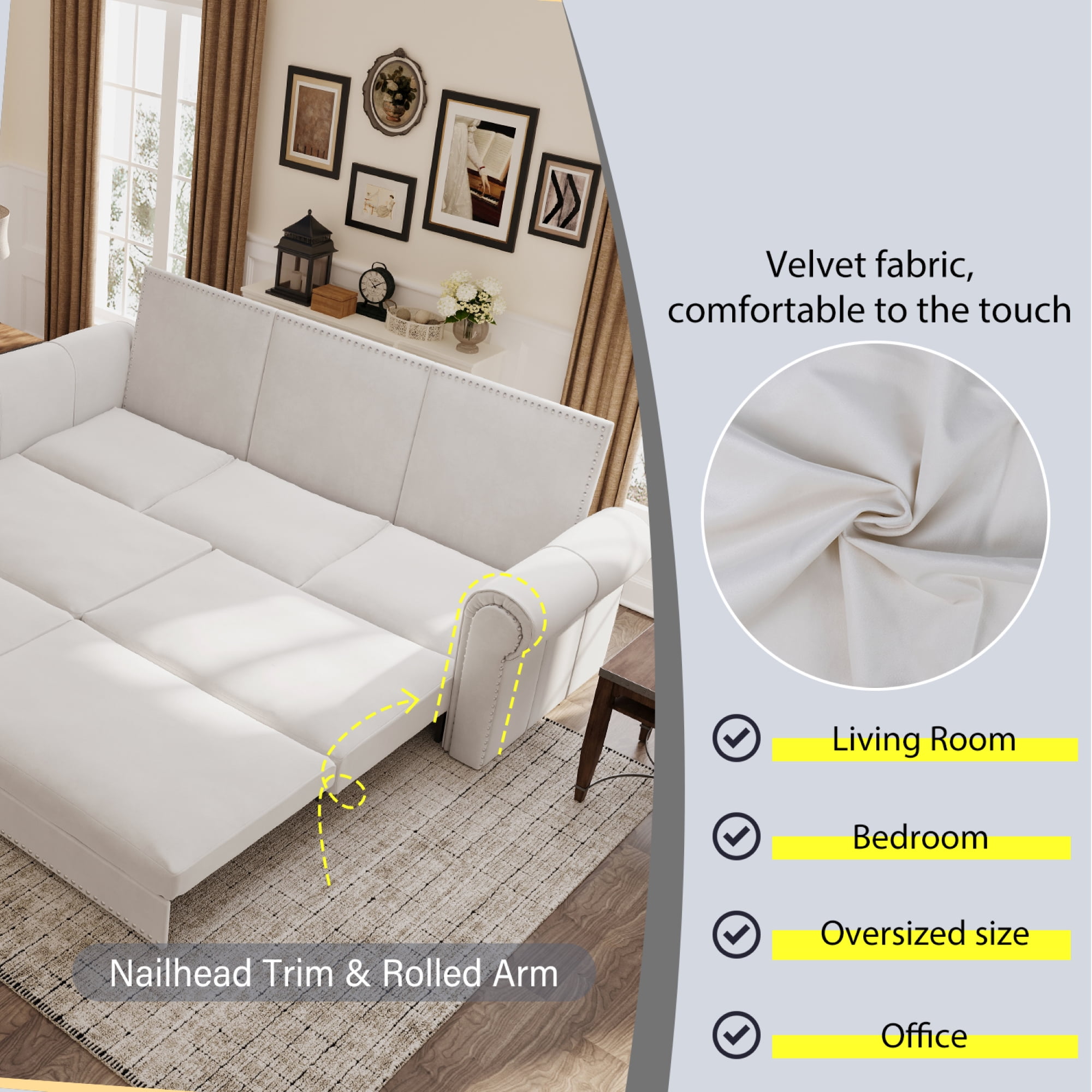 LLappuil King Size Pull Out Sofa Bed, Oversized Loveseat Sofa Convertible Sleeper Sofa Bed, Velvet Sofa Couch for Living Room Apartment Beige