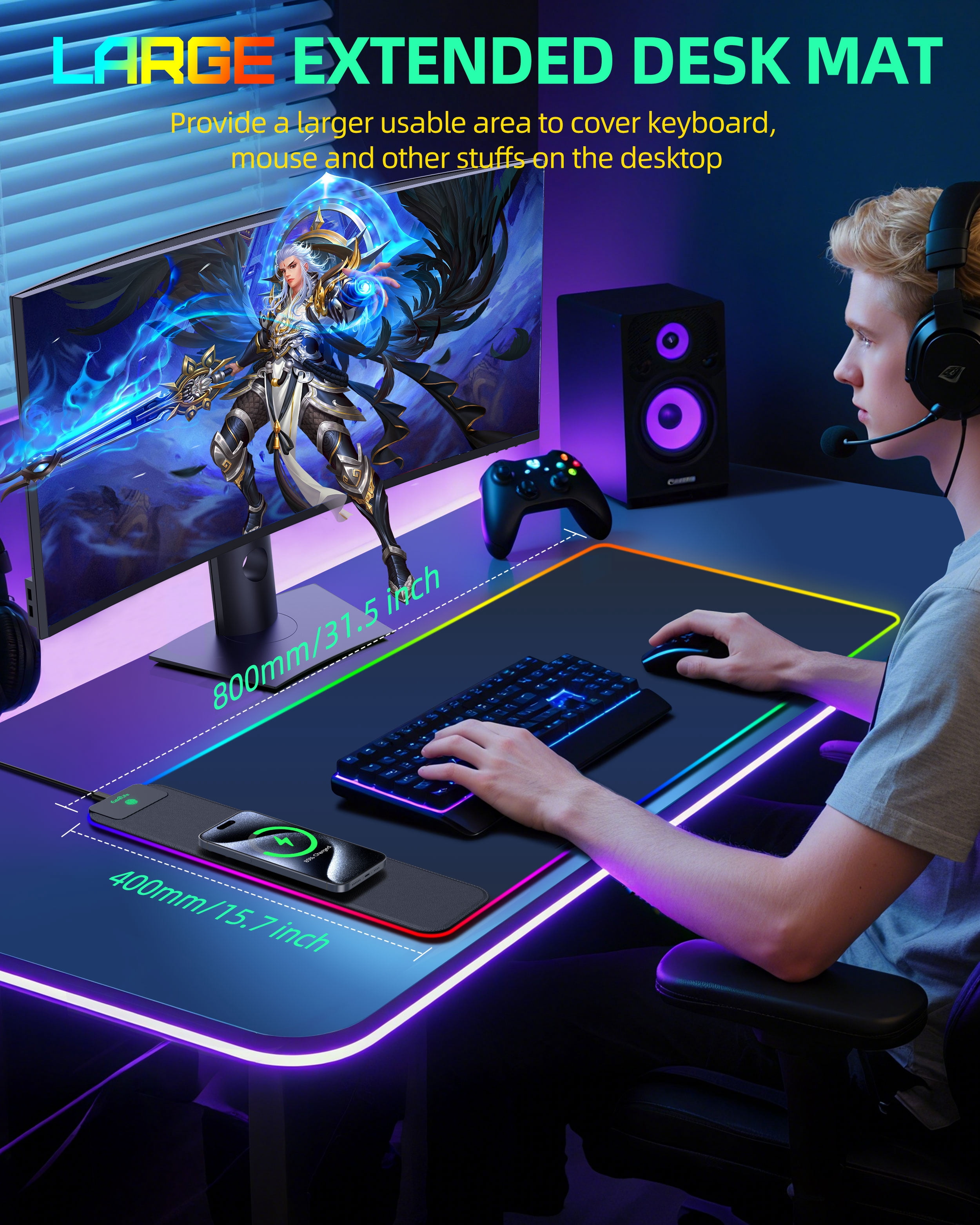 Extrelife RGB Gaming Mouse Pad with Magnetic Wireless Charger, 11 Lights Modes, LED Mouse Mat 15W Fast Charging for Home, Office, School