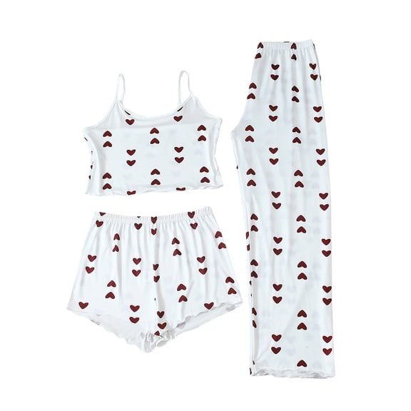 Bibifish Womens Pajama Sets White Pink Heart & "LOVE" Printed Camisole Sleepwear Sets Top With Shorts & Pant 3-Piece Valentine'S Day Pj Sets