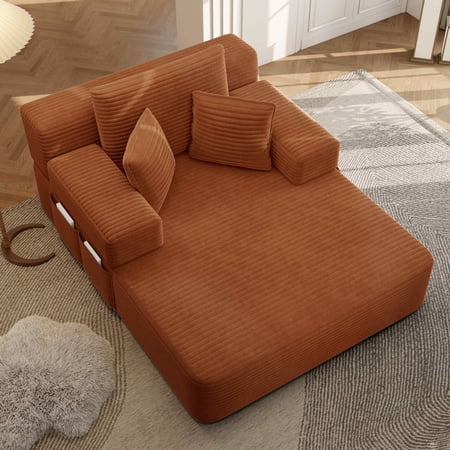FFH 60 Chaise Lounge Chair Indoor Convertible Sleeper Sofa Bed with Storage Pockets Plush Corduroy Floor Lazy Sofa Frameless Design Orange