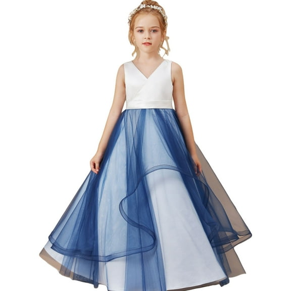 Floor length Flower Girl Dress V Neck Tulle Lace Princess Pageant Dress Birthday Party Dress for Girls Elegant Floral Design Special Occasion ( 2 -3Years）