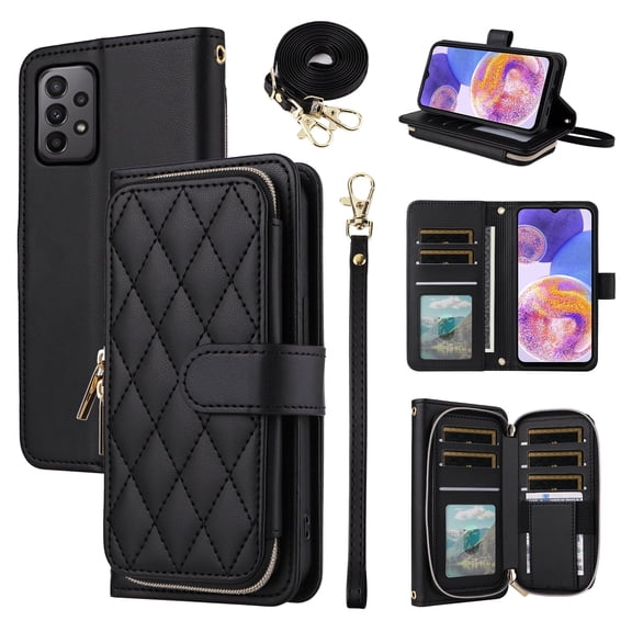 Furiet Wallet Case for Samsung Galaxy A52/A52S 5G with Wrist Strap, Crossbody Shoulder Strap, 9  Card Slots Zipper Purse, Luxury PU Leather Stand Phone Cover for A 52 S 4G G5 52A S52 52S Women Black