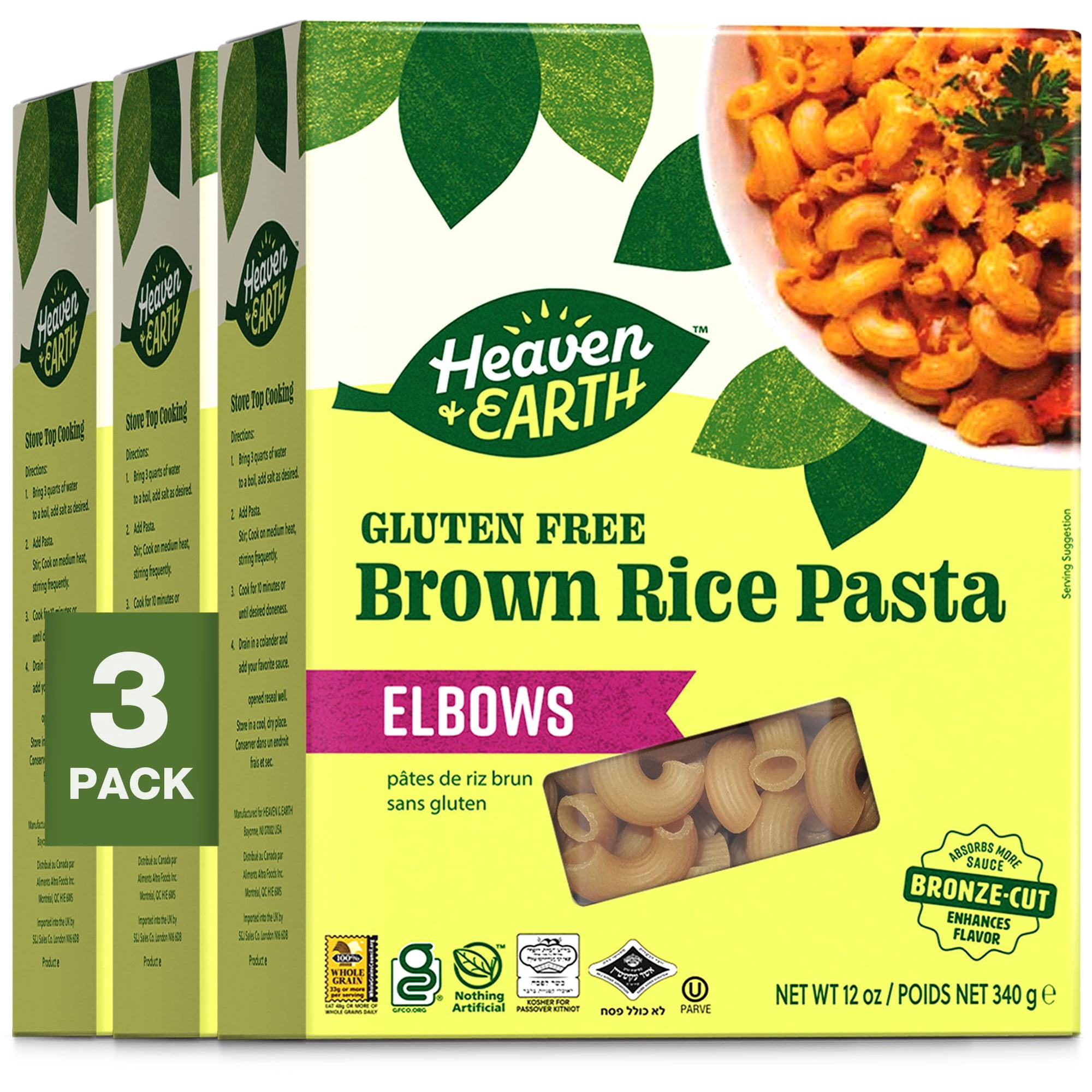 Heaven & Earth Brown Rice Pasta Gluten-Free Elbow Pasta 12oz (3 Pack) | Whole Grain Gluten-Free Pasta