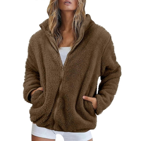 New women's fleece Coat, casual long-sleeved full-zip lamb wool warm sweatshirt Coat watermelon red XXXL