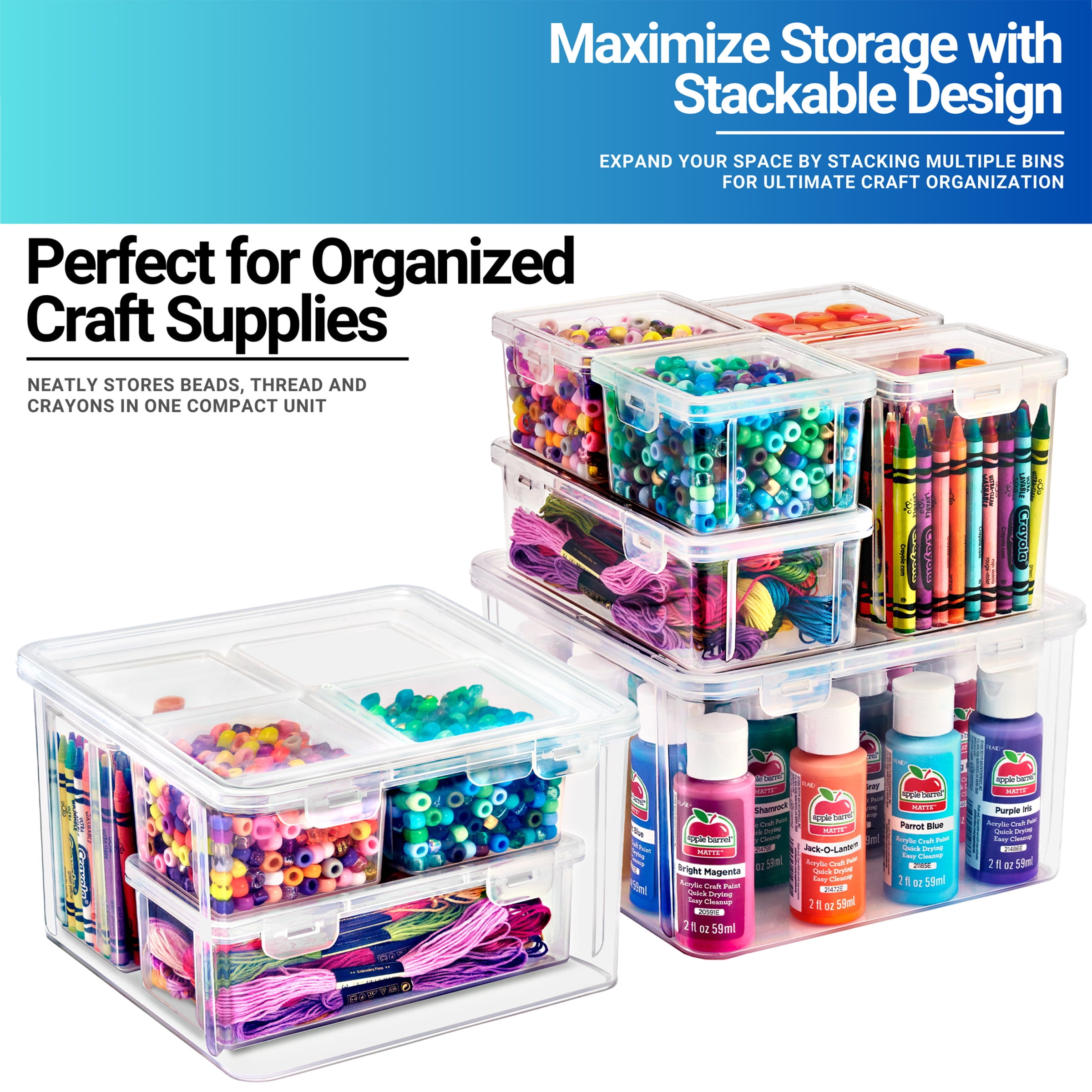 Sorbus 6-Piece Art Supply Storage Organizer, Stackable Plastic Bins with Hinged Lids