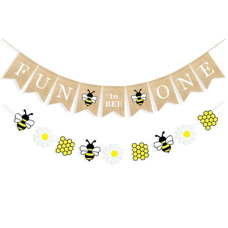 Image of Uniwish Fun to Bee One Banner 1st Birthday Party Decorations for Boys Girls Bumble Bee Themed Birthday Happy Bee Day Decorations Supplies Photo Backdrop
