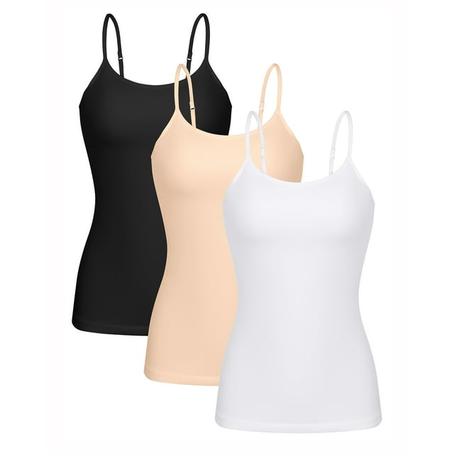 Beautyin Débardeurs Unis pour Femmes avec Soutien-Gorge Intégré Bretelles Spaghetti Réglables Débardeur en Coton 3 Packs