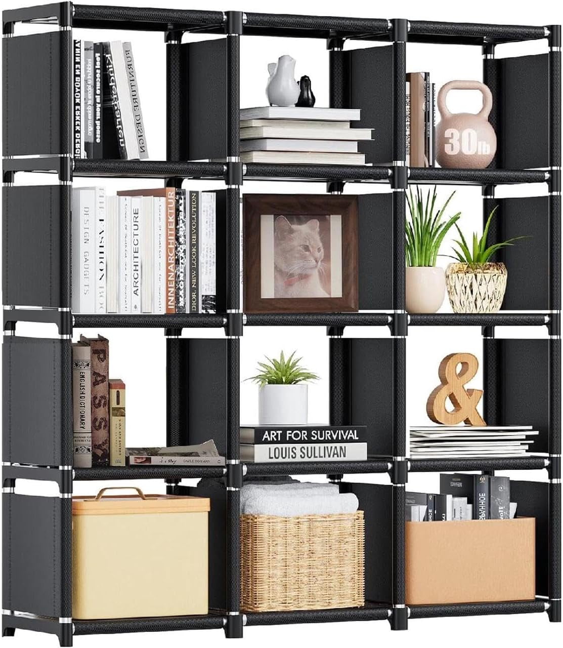 DERCLIVE DIY Grid Shelf Bookshelves, Bookcase 12 Cube Storage Organizer Tall Portable Bookshelf Vertical Shelves for Storage, Black