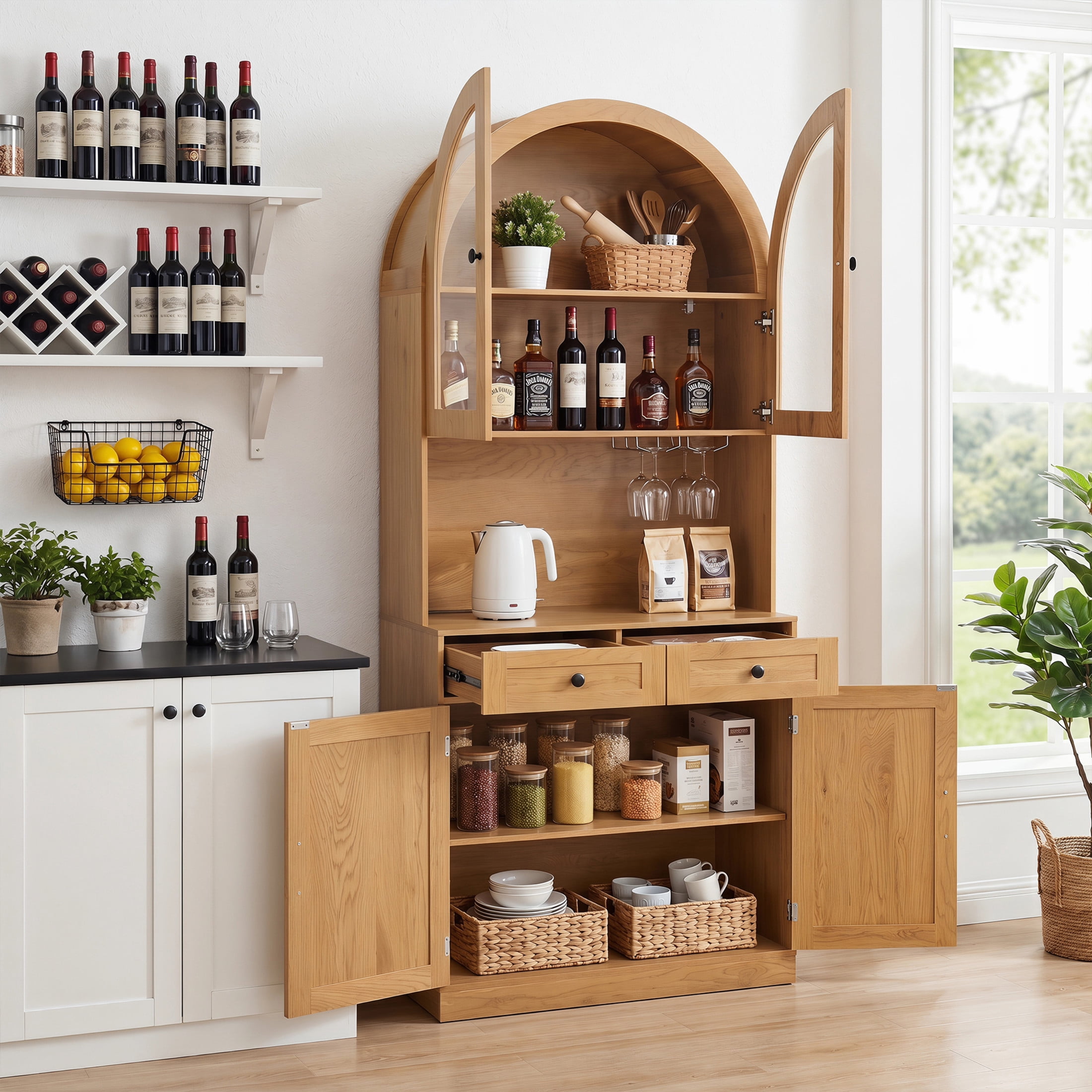 Noble House 74.8" Farmhouse Pantry Cabinet with Charging Station, Adjustable Shelves and Coffee Bar, Oak