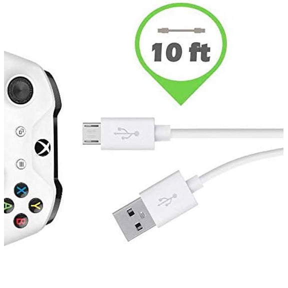 IENZA Replacement Long (10-Ft) USB Charge Cable Wire for Xbox One and Playstation PS4 Wireless Controller (White)