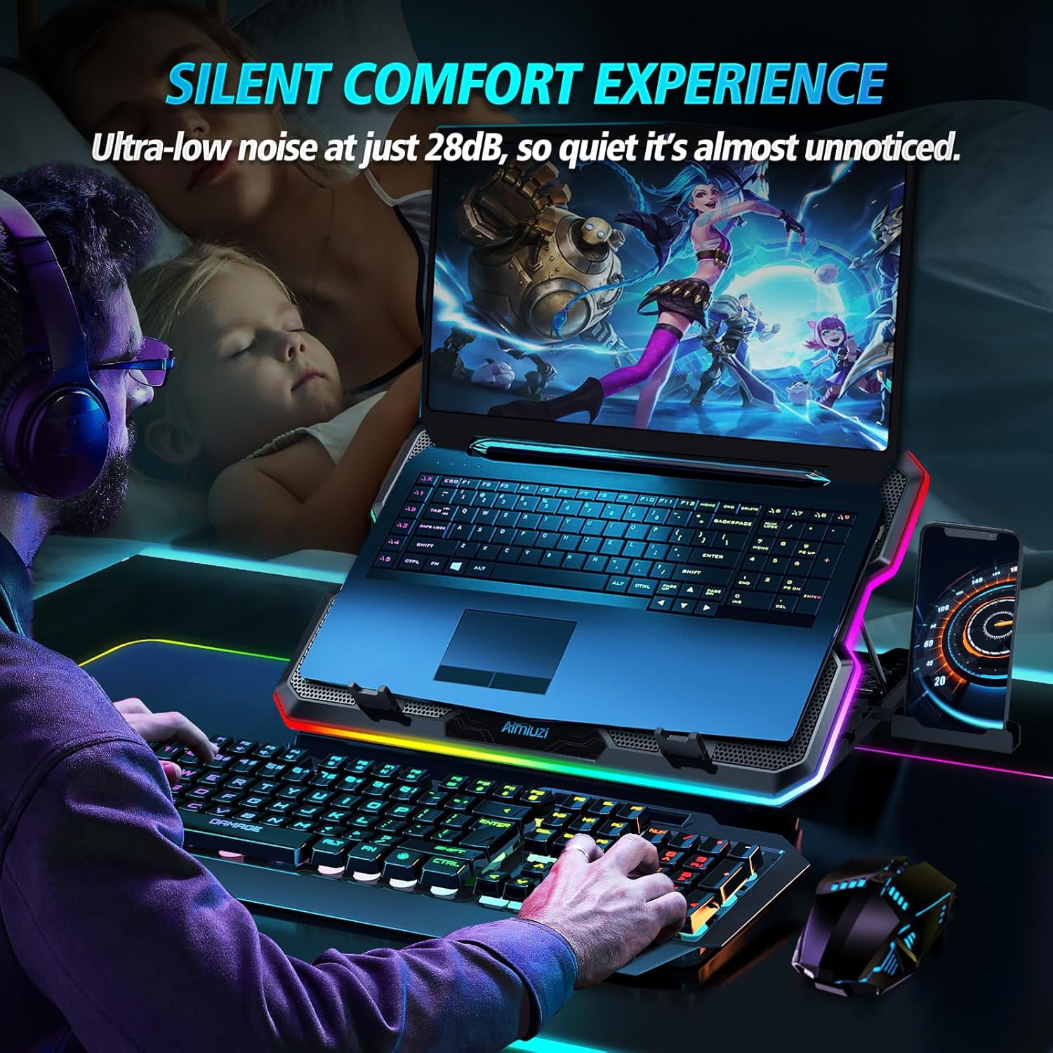 Gaming Laptop Cooling Pad, Cooler with 15 Quiet Fans for 12-17.3 Inch Notebook, Slim Portable Stand 7 Height Adjustable, 2 USB Ports, Phone