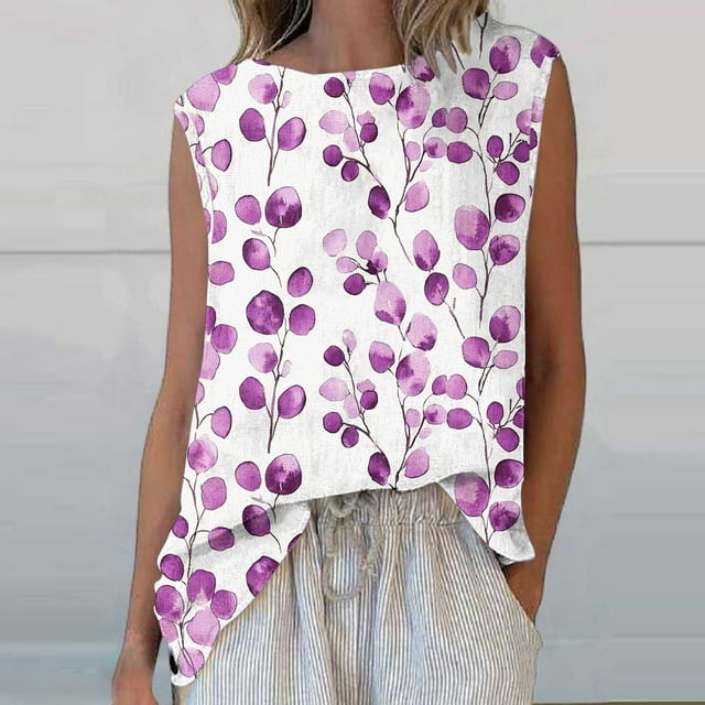 Hauts pour Femmes Décontractés Élégants Ndbuld Mode Féminine Débardeur Imprimé Col Rond Sans Manches en Solde, Rose, TTG
