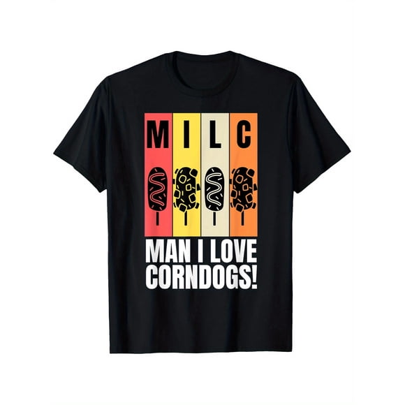 Men's Funny I Love Corn Hot Dog! Graphic T Shirt 180g Heavyweight Black Casual Tee with Bold White Text & Colorful Corn Dog Design