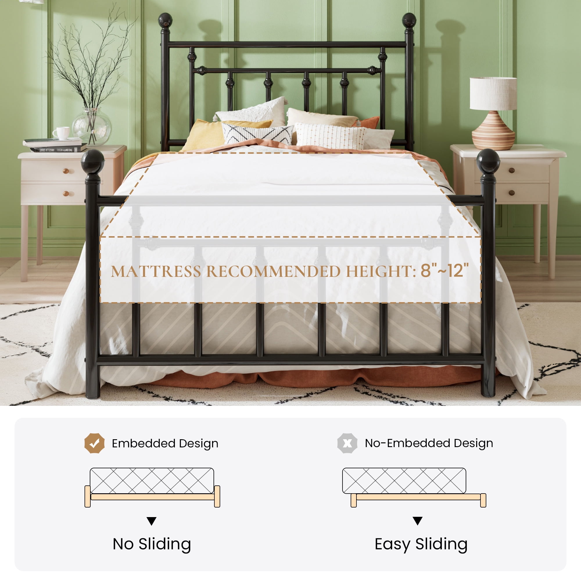 Sha Cerlin Black Twin Size Metal Platform Bed Frame with Victorian Vintage Headboard & Footboard