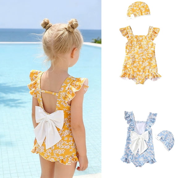 SOFTCCLO Girls Swimsuit Stylish Floral Print Summer Tankini One-piece Swimsuits with Cap Casual Beach Pool Kids Swimwear Size 2-3Y