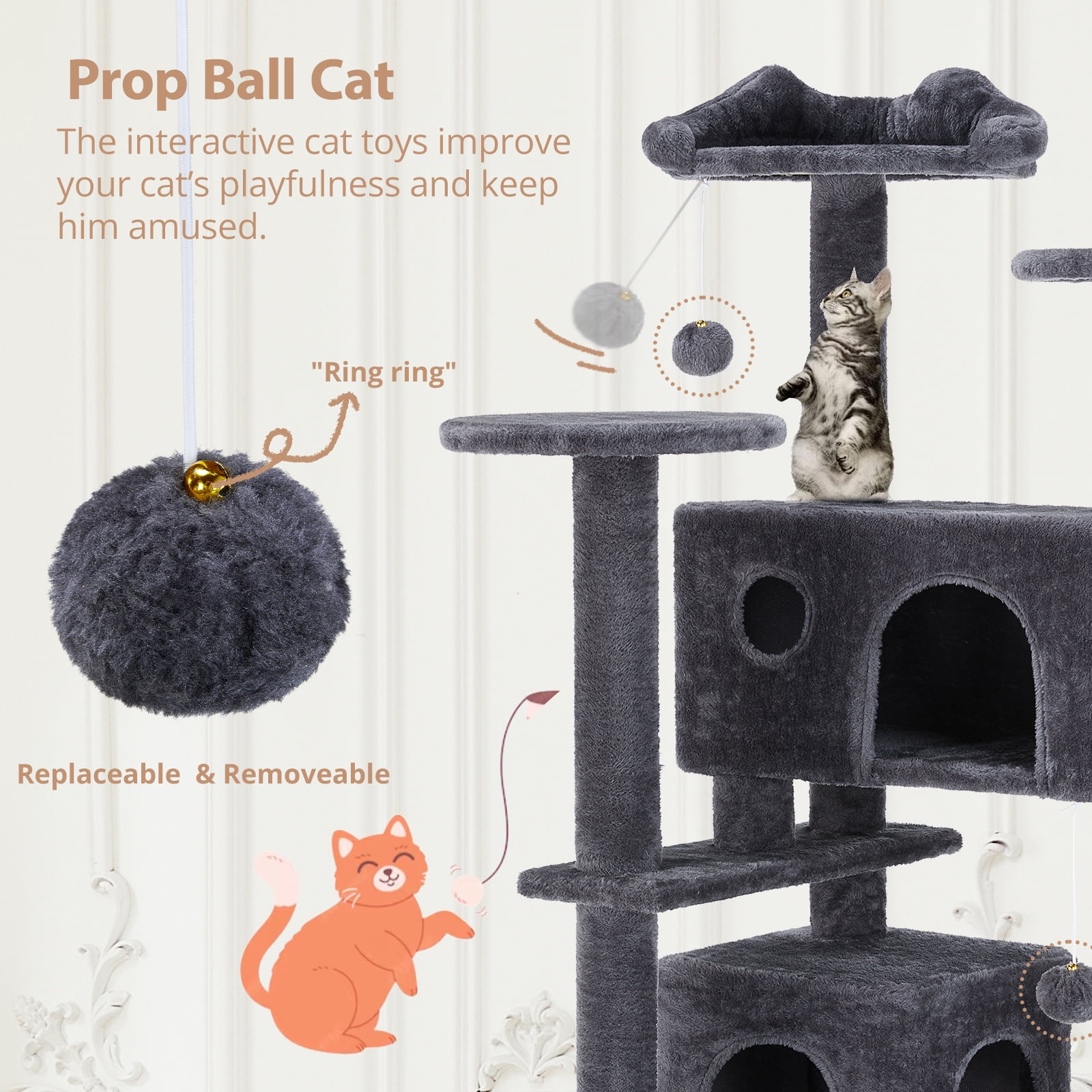 Cat Tree, 54-Inch Cat Tower with Sisal Scratching Post, Multi-Level Plush Cat Tree with Climbing Ladder, Dark Gray