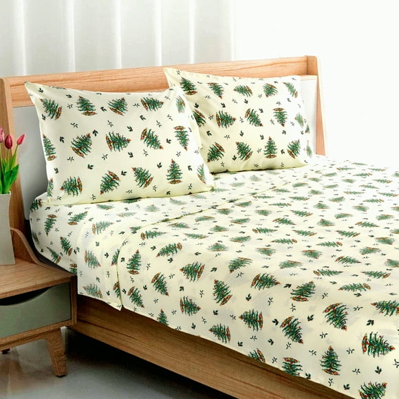 Cozy Holiday Spode Twin Sheet Set - Ivory Tree Design - 3-Piece Bedding Bundle with Matching Pillowcase - Festive Decor for Twin Beds